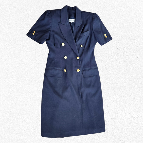 80s Vintage Navy Double Breasted Military Gold Button Wrap Blazer Dress Size 10 - Picture 15 of 16
